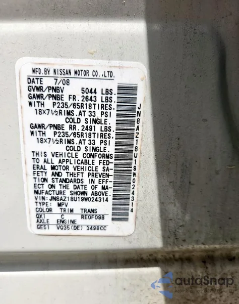 2009 Nissan Murano S z USA, uszkodzony, nr VIN JN8AZ18U19W024314